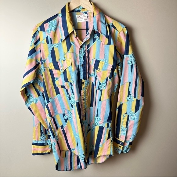 Wrangler Tops - Vintage Wrangler Western Mixed Media Pastel Striped Button Down Shirt